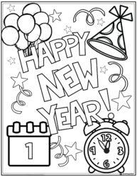 New Year Coloring Sheet with Balloons Clock and Calendar