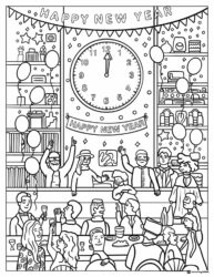 New Year Countdown Party Coloring Page with Midnight Clock