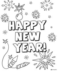 New Year Fireworks and Rockets Coloring Page with Stars
