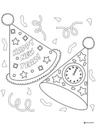 New Year Party Hats Coloring Page with Confetti and Stars