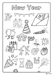 New Year Symbol Hunt Coloring Sheet with Festive Icons