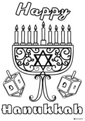 Ornate Menorah Coloring Page with Dreidels and Star Design