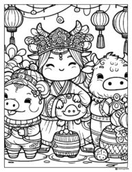 Ox Pig and Girl Coloring Page in Traditional New Year Attire