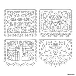 Papel Picado Coloring Page with Dia de los Muertos Designs