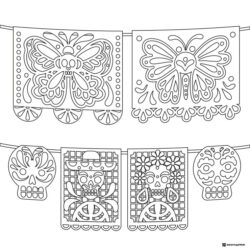 Papel Picado Coloring Page with Skulls and Butterfly Banners