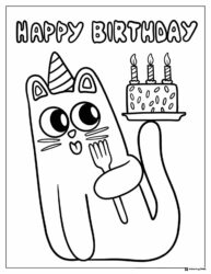 Party Cat Coloring Sheet with Birthday Cake and Fork
