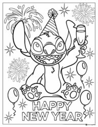 Party Character Coloring Sheet with Balloons and Fireworks