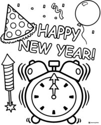 Party Clock and Fireworks Happy New Year Coloring Page