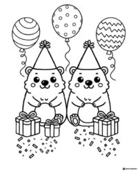 Party Groundhogs Coloring Page with Balloons and Gifts
