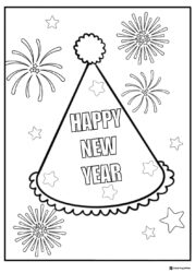 Party Hat Happy New Year Coloring Page with Fireworks