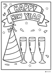 Party Hat and Champagne Glasses New Year Coloring Sheet