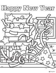 Party Popper Happy New Year Coloring Page with Streamers and Stars