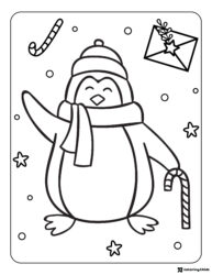 Penguin Waving Coloring Page with Candy Cane and Letter
