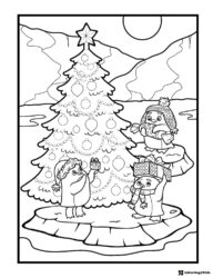 Penguins Decorating Tree Coloring Page with Iceberg and Ornaments