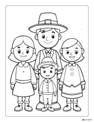 Pilgrim Family Coloring Page with Smiling Children