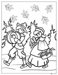 Pilgrim Kids Coloring Sheet Carrying Fall Harvest