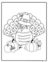 Pilgrim Turkey Coloring Page with Pumpkins and Acorns