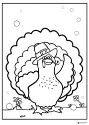 Pilgrim Turkey Coloring Sheet with Puffy Tail and Flowers