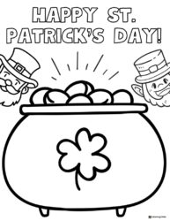 Pot of Gold Coloring Page with Leprechauns and Shamrock Design