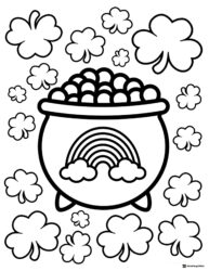 Pot of Gold Coloring Page with Rainbow and Shamrock