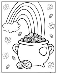Pot of Gold Coloring Page with Rainbow and Shamrock Coins