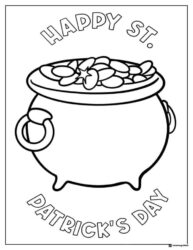 Pot of Gold Coloring Page with Shamrock Coins and Holiday Text