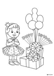 Princess Birthday Coloring Sheet with Balloons and Presents