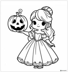 Princess Halloween Coloring Page Holding a Smiling Pumpkin