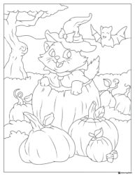 Pumpkin Cat Coloring Page with Leaves and Witch Hat Details