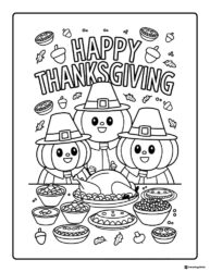 Pumpkin Characters Thanksgiving Dinner Coloring Page