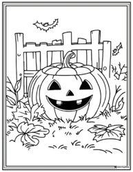 Pumpkin Coloring Page by Fence with Bats and Falling Leaves