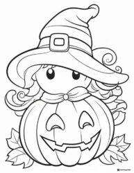 Pumpkin Girl Coloring Page with Witch Hat and Leafy Base