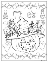 Pumpkin with Witch Hat Coloring Page and Halloween Icons
