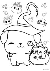 Puppy Witch Coloring Page with Cauldron and Pumpkins
