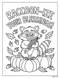 Raccoon Thanksgiving Coloring Page with Pumpkins and Acorns