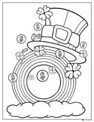 Rainbow Hat Coloring Page with Coins and Shamrocks