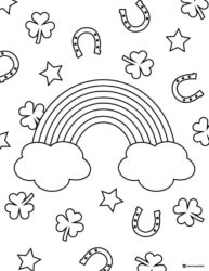 Rainbow and Shamrocks Coloring Page with Lucky Symbols