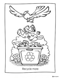 Recycle More Coloring Page with Flying Bird and Trash Bin