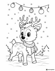 Reindeer Coloring Page with Scarf and Falling Snow