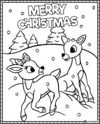 Reindeer Coloring Page with Snowy Hills and Christmas Trees