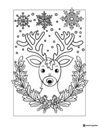 Reindeer Coloring Page with Wreath and Snowflakes