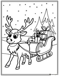 Reindeer Sleigh Coloring Page with Gifts and Snowy Trees
