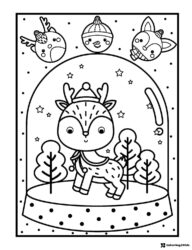 Reindeer Snow Globe Coloring Page with Forest and Stars