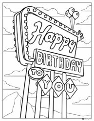 Retro Birthday Sign Coloring Page with Balloons and Clouds