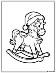 Rocking Horse Coloring Page with Santa Hat and Bell Detail