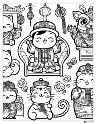 Royal Cat Family Coloring Page with Lanterns and Decorations