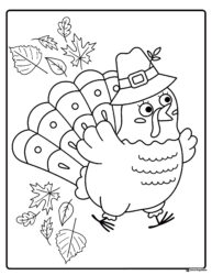 Running Turkey Coloring Page with Falling Autumn Leaves