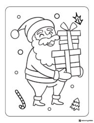Santa Carrying Gifts Coloring Page with Candy Canes and Tree