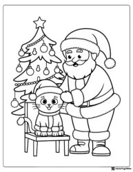 Santa Claus Coloring Page with Cat and Christmas Tree