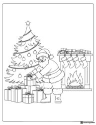 Santa Claus Coloring Page with Fireplace and Wrapped Presents